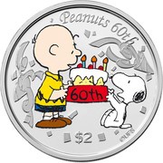 2 Dollars - Elizabeth II Snoopy and Charlie Brown, Niue, 2010 reverse image