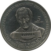 5 Dollars - Elizabeth II Franklin D. Roosevelt, Niue, 1990 reverse image