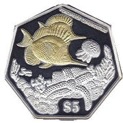 5 Dollars - Elizabeth II Long-nosed Butterfly Fish, Niue, 1999 reverse image