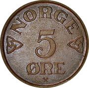 5 Øre - Haakon VII Copper plated iron pattern strike reverse image