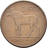 5 Øre - Olav V high relief portrait, Norway, 1959 reverse image