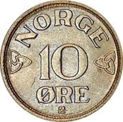 10 Øre - Haakon VII Copper-nickel plated iron pattern strike reverse image