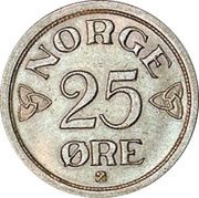 25 Øre - Haakon VII Copper-nickel plated iron pattern strike reverse image