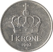 1 Krone - Harald V, Norway, 1992-1996 reverse image