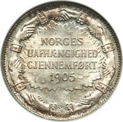 2 Kroner - Haakon VII Independence; Type 1b - small Coat of Arms, Norway, 1907 reverse image