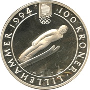 100 Kroner - Harald V 1994 Olympics - Ski Jumping, Norway, 1992 reverse image