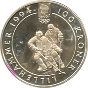 100 Kroner - Harald V 1994 Olympics - Hockey reverse image