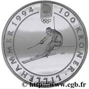 100 Kroner - Harald V 1994 Olympics - Alpine Skiing, Norway, 1993 reverse image