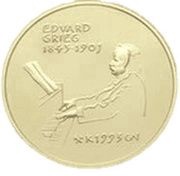 1500 Kroner - Harald V 150th anniversary of the birth of Edvard Grieg, Norway, 1993 reverse image