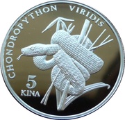 5 Kina - Elizabeth II Green Tree Python, Papua New Guinea, 1997-1998 reverse image