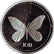 10 Kina - Elizabeth II Butterfly; Platinum issue, Papua New Guinea, 1992 reverse image