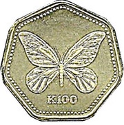 100 Kina - Elizabeth II Queen Alexandra Butterfly, Papua New Guinea, 1990-1992 reverse image