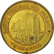 500 Guaraníes value below building, Paraguay, 1997-2005 reverse image