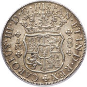 8 Reales - Carlos III Colonial Milled Coinage, Peru, 1760-1769 reverse image