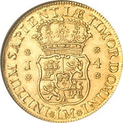 4 Escudos - Fernando VI Colonial Milled Coinage, Peru, 1751-1753 reverse image