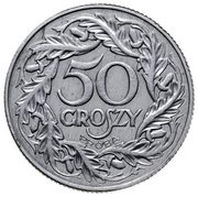 50 Groszy Al; Trial Strike 50 far from leaves 2nd eagle type German Occupation WW II reverse image