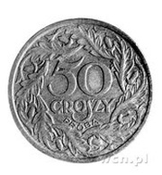 50 Groszy Bronze; Trial Strike 50 closer to leaves German Occupation WW II reverse image