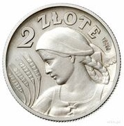 2 Zlotys Woman and Ears; Trial Strike Ag Proof reverse image