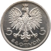 5 Zlotys Nike; Trial Strike Ag Date between tail Proof obverse image