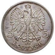 5 Zlotys Nike; Trial Strike Ag Date between tail obverse image