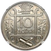 10 Zlotys Buckle; Trial Strike Ag with mint mark, Poland, 1934 reverse image