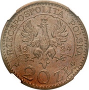 20 Zlotys II Republic Monogram ; Trial Strike B, Poland, 1924 reverse image
