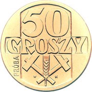 50 Groszy Ear and Hammer; Trial Strike CuZn reverse image
