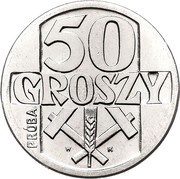 50 Groszy Ear and Hammer; Trial Strike Al reverse image