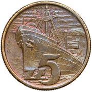5 Zlotys Freighter Waryński with clouds; Trial Strike CuZn reverse image
