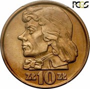 10 Zlotys Tadeusz Kościuszko head; Trial Strike, Poland, 1958 reverse image