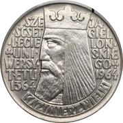 10 Zlotys Kazimierz Wielki Legends Raised; Trial Strike, Poland, 1964 reverse image