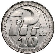 10 Zlotys Key, Sickle and Trowel; Trial Strike CuNi, Poland, 1964 reverse image