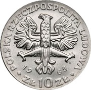 10 Zlotys 700th Anniversary of Warsaw - Nike with coat of arms; Trial Strike obverse image