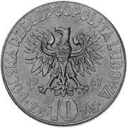 10 Zlotys Mikolaj Kopernik, small type; Trial Strike obverse image