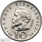 10 Zlotys Henryk Sienkiewicz; Trial Strike, Poland, 1974 reverse image