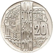 20 Zlotys Nowa Huta Turoszów; Trial Strike CuNi, Poland, 1964 reverse image