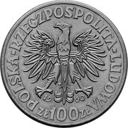 100 Zlotys Polish Millennium Trial Strike CuNi faces right with eagle; large eagle 2nd type obverse image
