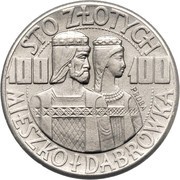 100 Zlotys Polish Millennium Trial Strike Ag bust right, Poland, 1960 reverse image