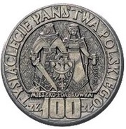 100 Zlotys Polish Millennium Trial Strike CuNi with background, Poland, 1960 reverse image