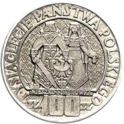 100 Zlotys Polish Millennium Trial Strike Ag with background, Poland, 1960 reverse image