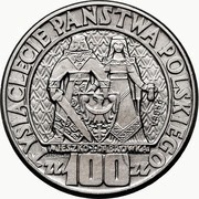 100 Zlotys Polish Millennium Trial Strike Ag with background, Poland, 1960 reverse image