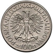 100 Zlotys Polish Millennium Trial Strike Ni faces right with eagle; large eagle 2nd type obverse image