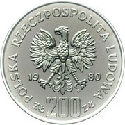 200 Zlotys XIII Winter Olympics; without torch; Trial Strike obverse image