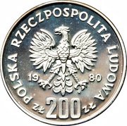 200 Zlotys XIII Winter Olympics; torch below skier obverse image