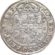 Ort koronny / 18 Groszy - Jan II Kazimierz Waza Bydgoszcz mint, Polish–Lithuanian Commonwealth, 1667-1668 reverse image