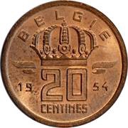 20 Centimes Dutch text, Belgium, 1954-1960 reverse image