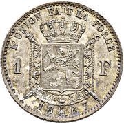 1 Franc - Léopold II French text, Belgium, 1866-1886 reverse image