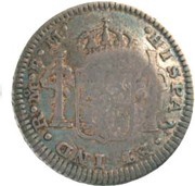 60 Réis - Luis I Countermark "CROWNED G.P." over ½ Real - Carlos III, Mexico reverse image