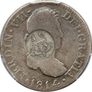 300 Réis - Luís I Countermark "Crowned G.P." over over 2 Reales - Fernando VI; Spain reverse image