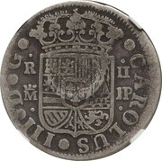 300 Réis - Luís I Countermark "Crowned G.P." over 2 Reales - Carlos III, Spain reverse image